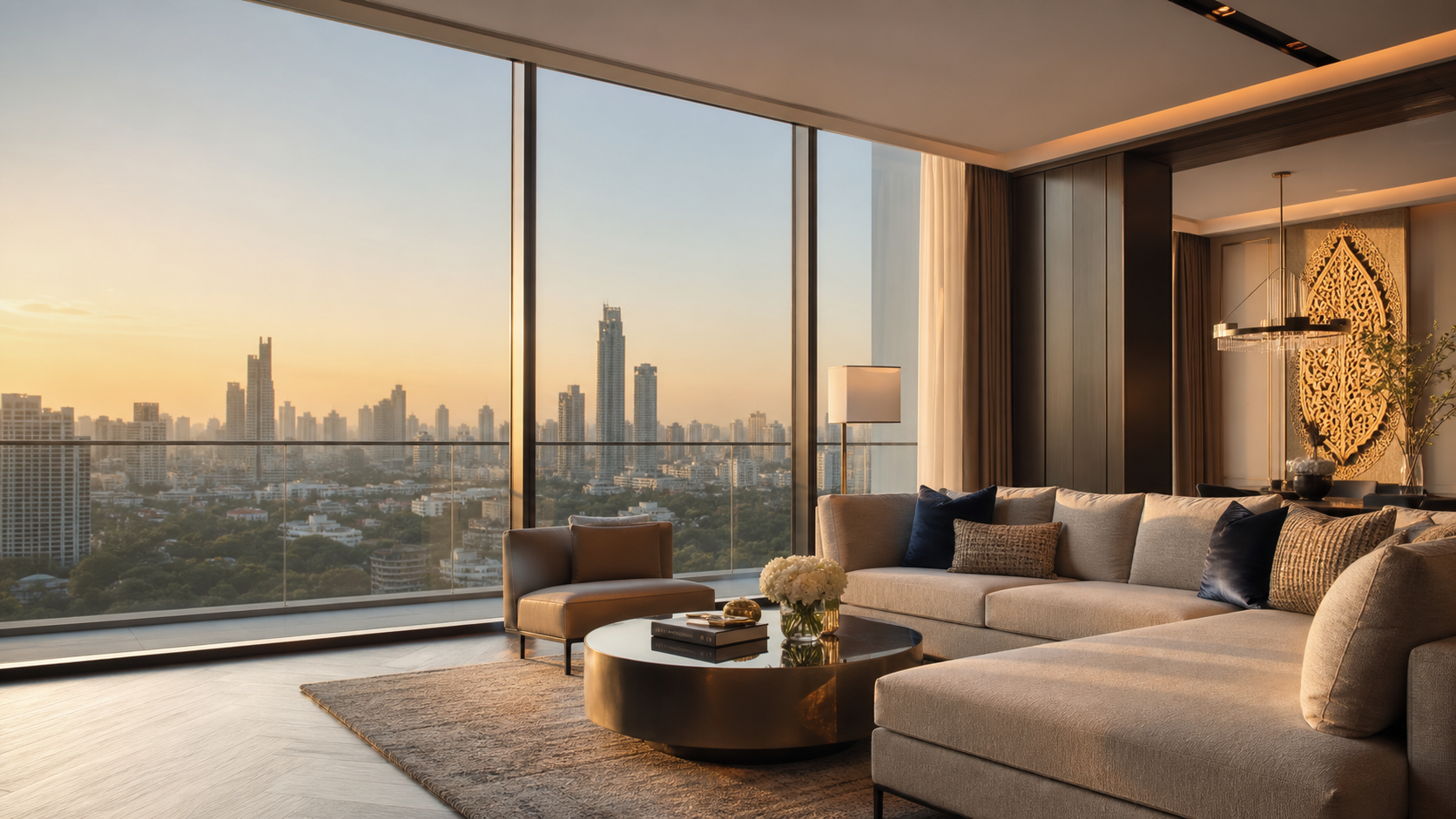 Premium Bangkok condominium living room overlooking the city skyline